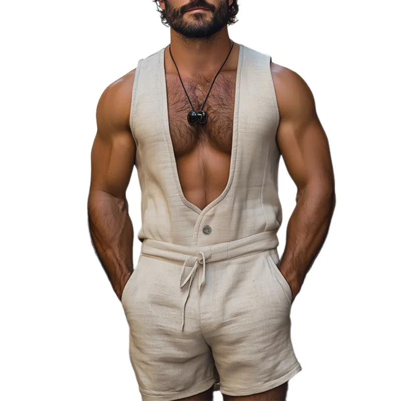 Men's Spring and Summer Fashion Leisure Deep V Neck Cotton and Linen Tank Top Shorts Jumpsuit MTA0943D1K sold by Manly