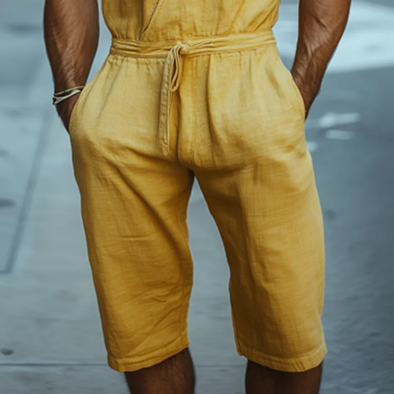 Men's Spring and Summer Fashion Casual Deep V-Neck Cotton and Linen Tank Top Length to Knee Shorts Jumpsuit MTA0964D4K sold by Manly product image thumbnail 5