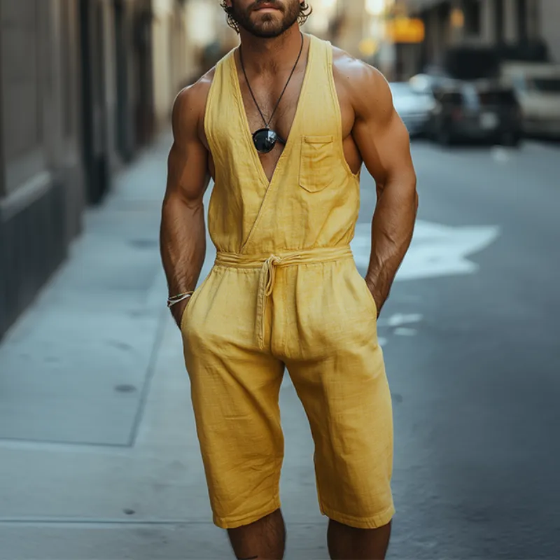 Men's Spring and Summer Fashion Casual Deep V-Neck Cotton and Linen Tank Top Length to Knee Shorts Jumpsuit MTA0964D4K sold by Manly product image thumbnail 2