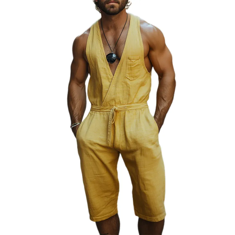 Men's Spring and Summer Fashion Casual Deep V-Neck Cotton and Linen Tank Top Length to Knee Shorts Jumpsuit MTA0964D4K sold by Manly