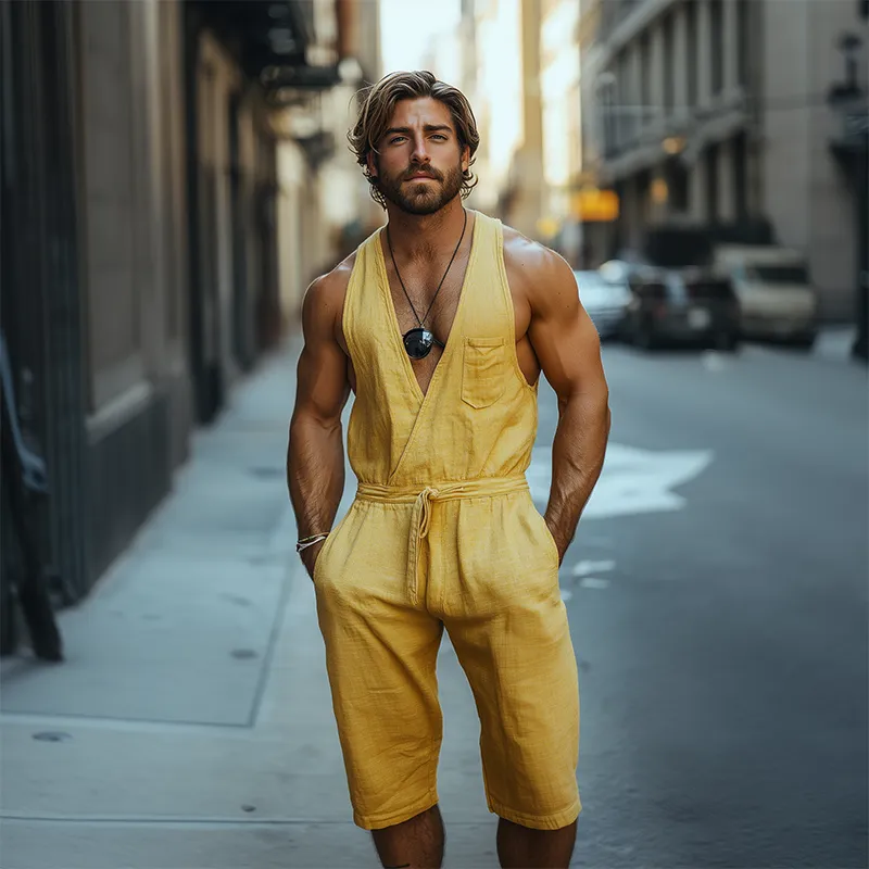 Men's Spring and Summer Fashion Casual Deep V-Neck Cotton and Linen Tank Top Length to Knee Shorts Jumpsuit MTA0964D4K sold by Manly product image thumbnail 3