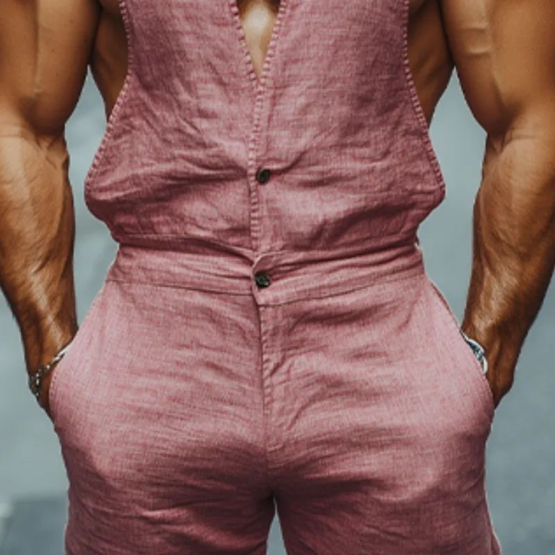 Men's Spring and Summer Fashion Casual Deep V-Neck Cotton and Linen Tank Top Pants Jumpsuit MTA0994D6K sold by Manly product image thumbnail 3