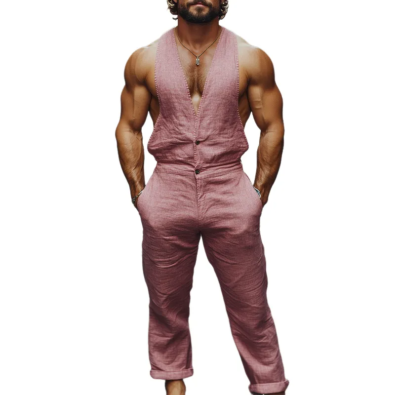 Men's Spring and Summer Fashion Casual Deep V-Neck Cotton and Linen Tank Top Pants Jumpsuit MTA0994D6K sold by Manly