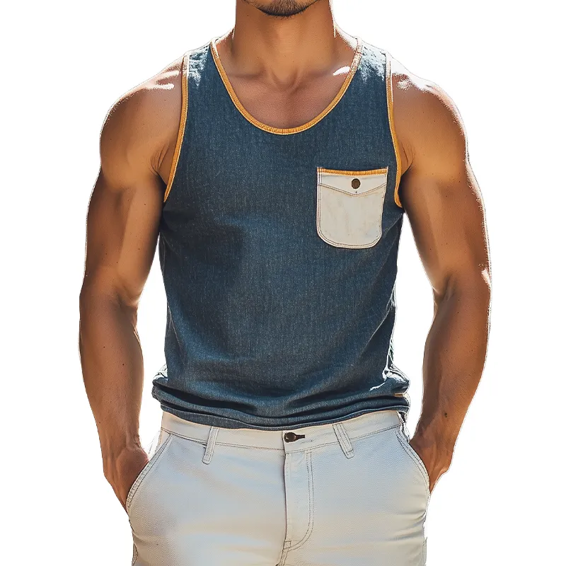 Men's Fashion Casual Round Neck Tencel Denim Slim Tank Top MTA0954D8K sold by Manly