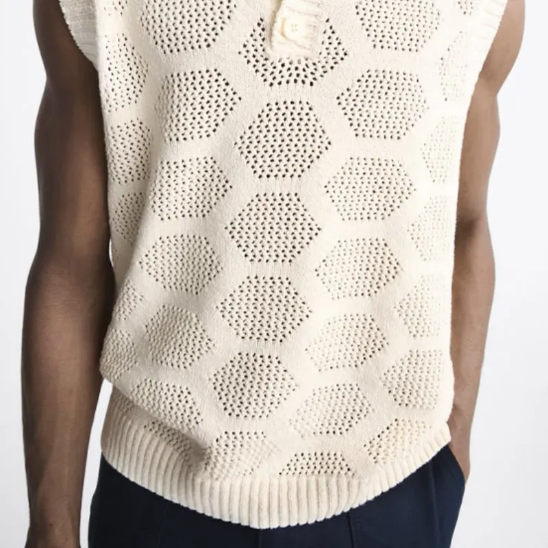 Men's Fashion Casual Exquisite Hollow Polo Neck Knitted Tank Top MTA0995D1K sold by Manly product image thumbnail 3