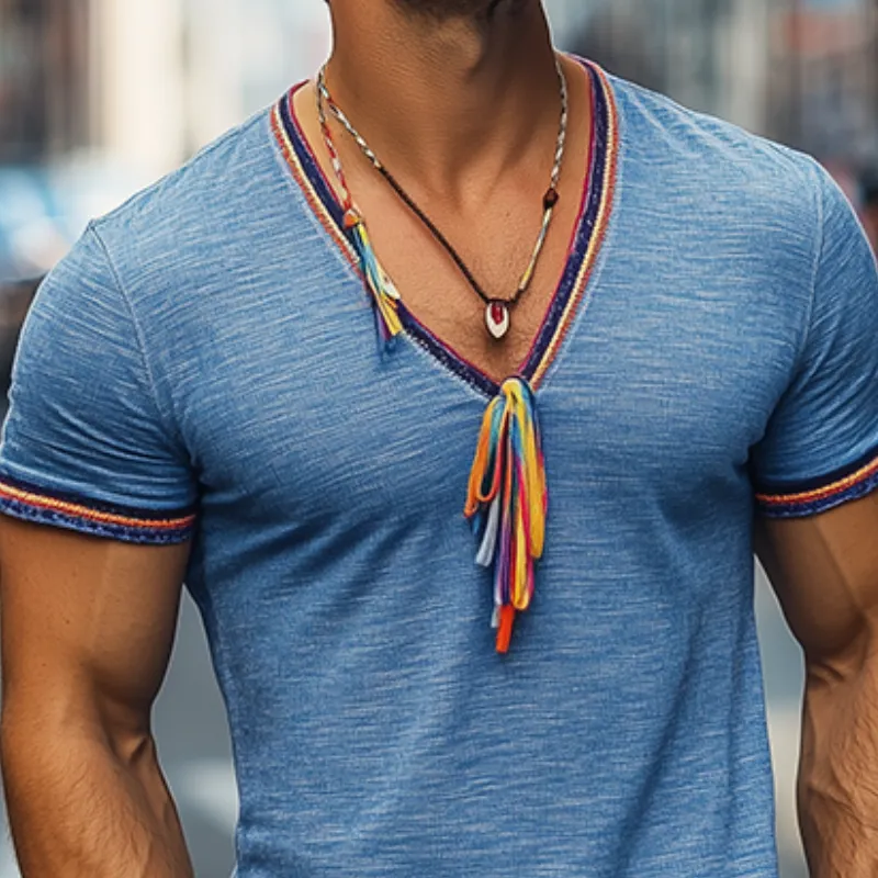 Men's Summer Fashion Casual V-neck Colored Ribbon Bamboo Cotton Blended Short Sleeve T-shirt (Tassel Removable) MTA0947D7K sold by Manly product image thumbnail 4