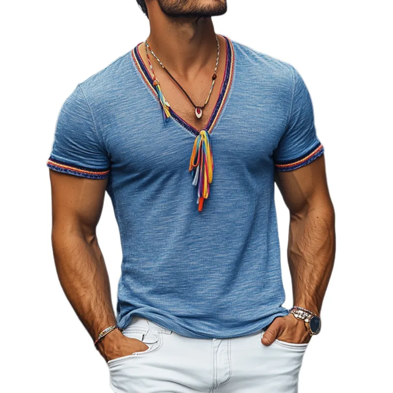 Men's Summer Fashion Casual V-neck Colored Ribbon Bamboo Cotton Blended Short Sleeve T-shirt (Tassel Removable) MTA0947D7K sold by Manly