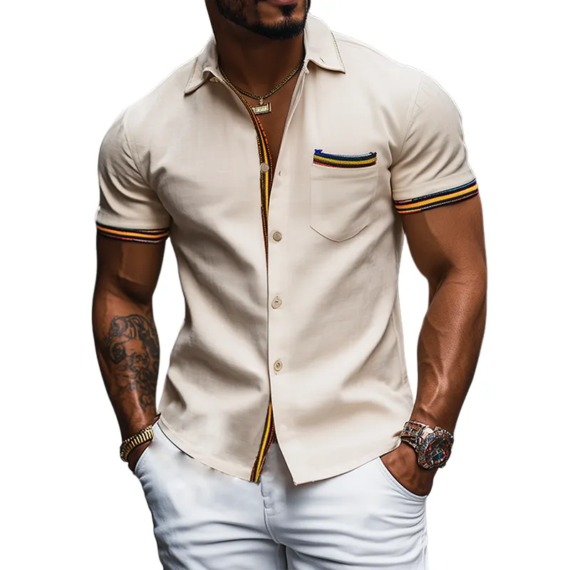 Men's Fashion Casual Slim Fit Colorful Ribbon Stitching Cotton and Linen Short Sleeve Shirt MTA0970D5K sold by Manly