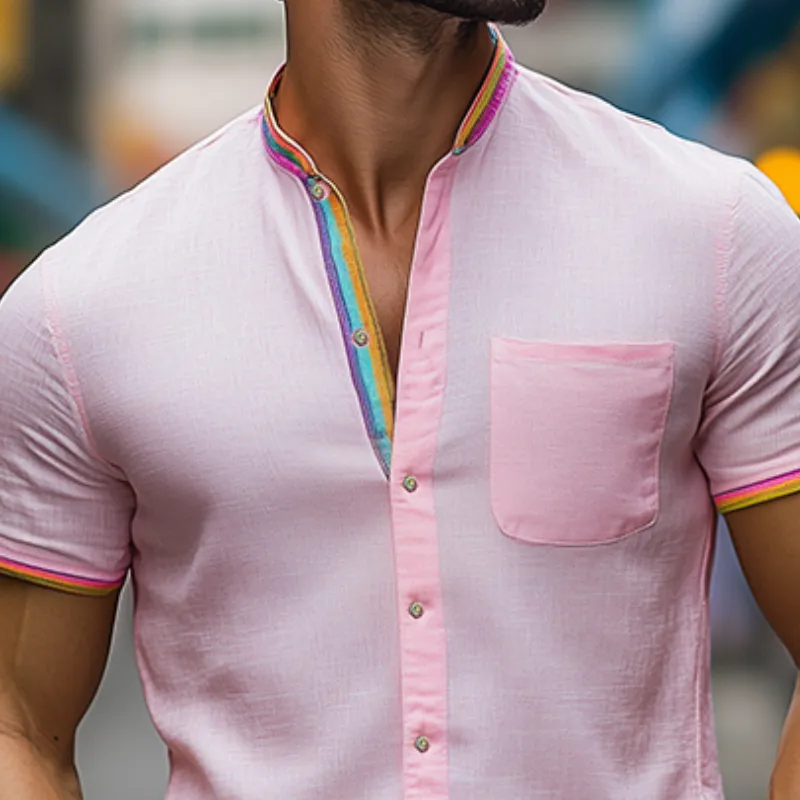 Men's Summer Fashion Stand Collar Colorful Ribbon Stitching Cotton and Linen Short-sleeved Shirt MTA0904D5K sold by Manly product image thumbnail 4