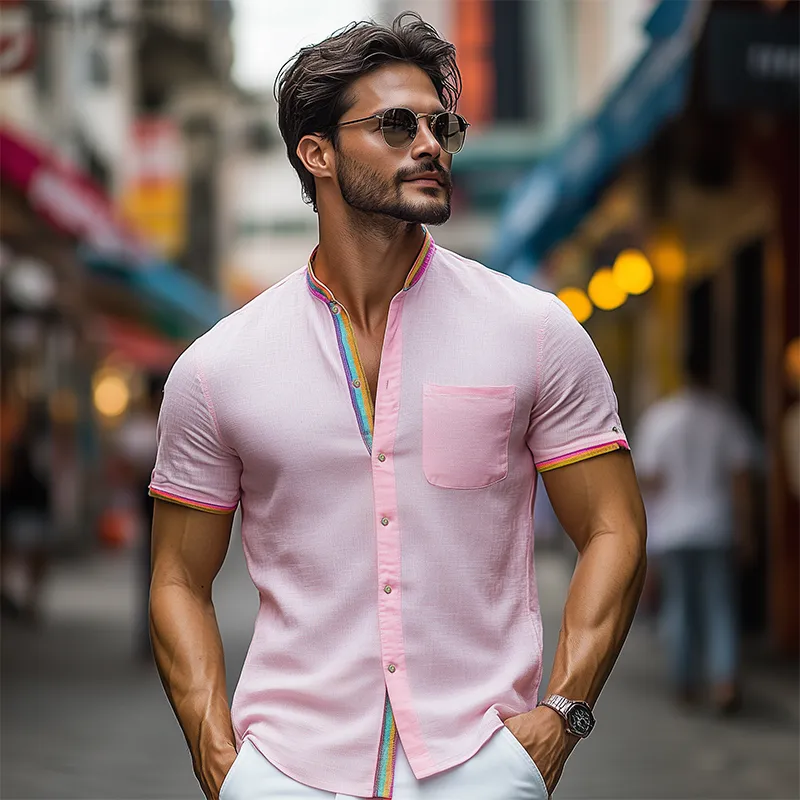 Men's Summer Fashion Stand Collar Colorful Ribbon Stitching Cotton and Linen Short-sleeved Shirt MTA0904D5K sold by Manly product image thumbnail 3