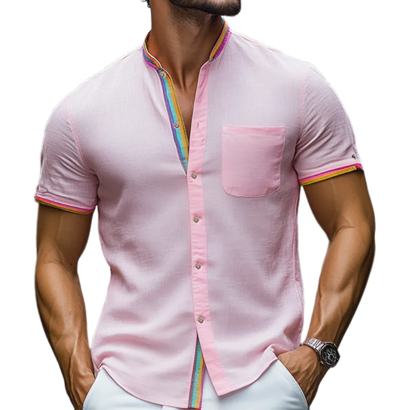 Men's Summer Fashion Stand Collar Colorful Ribbon Stitching Cotton and Linen Short-sleeved Shirt MTA0904D5K sold by Manly