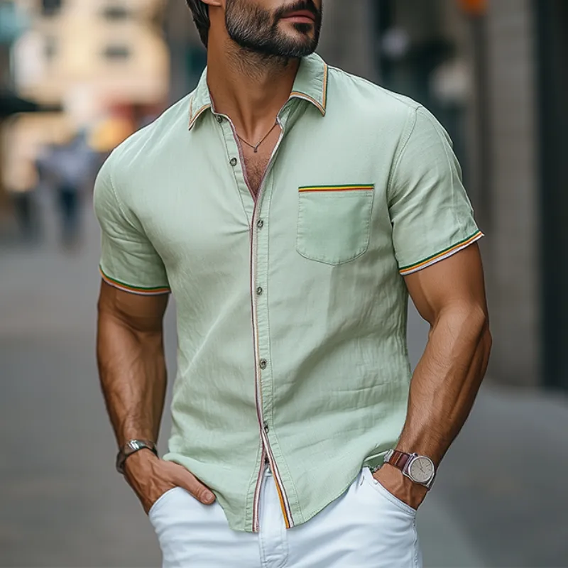 Men's Summer Fashion Casual Colorful Ribbon Stitching Cotton and Linen Short-sleeved Shirt MTA0998D6K sold by Manly product image thumbnail 2