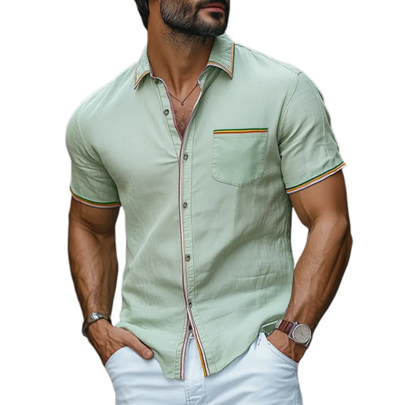 Men's Summer Fashion Casual Colorful Ribbon Stitching Cotton and Linen Short-sleeved Shirt MTA0998D6K sold by Manly