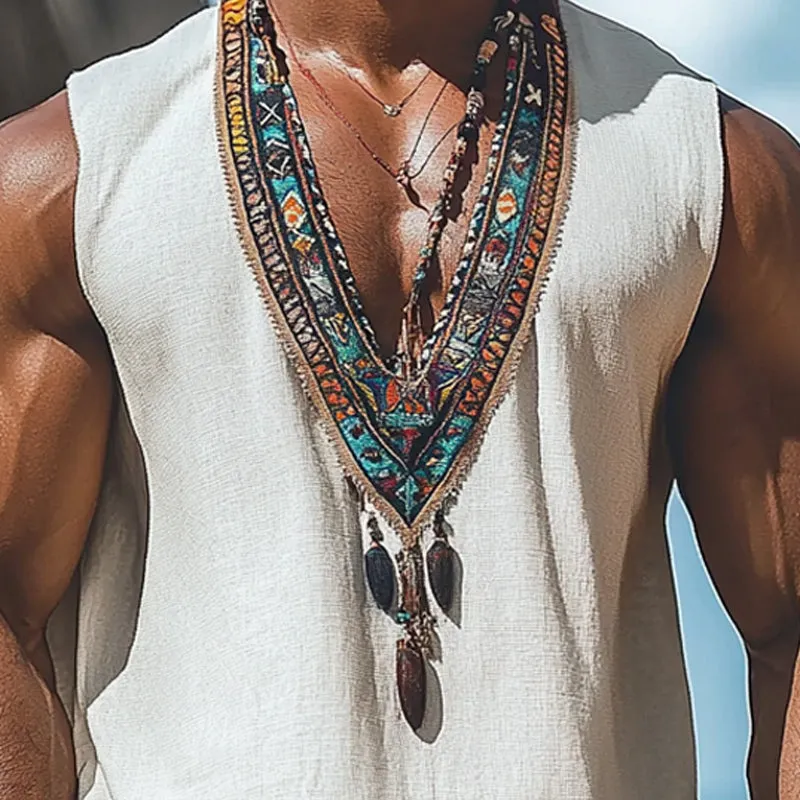 Men's Summer Retro Deep V Neck Cotton and Linen Embroidered Tank Top MTA0938D8U sold by Manly product image thumbnail 3