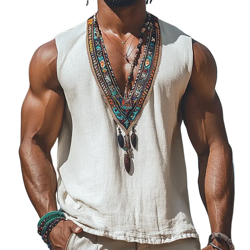 Men's Summer Retro Deep V Neck Cotton and Linen Embroidered Tank Top MTA0938D8U sold by Manly