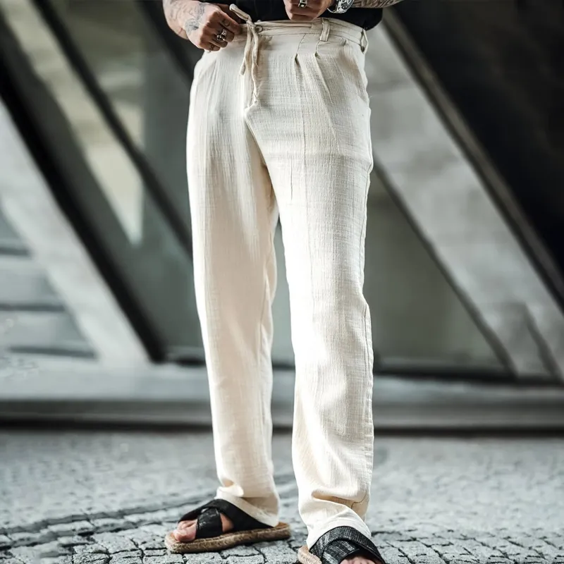 Men's Solid Cotton And Linen Mid Waist Straight Casual Pants MTA0115D4Z sold by Manly product image thumbnail 2