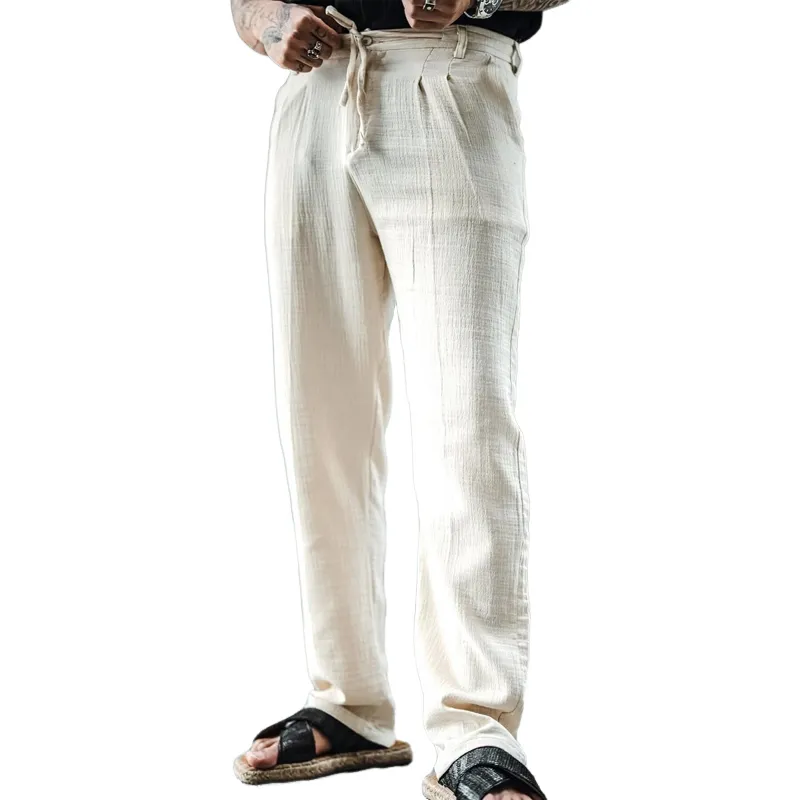 Men's Solid Cotton And Linen Mid Waist Straight Casual Pants MTA0115D4Z sold by Manly