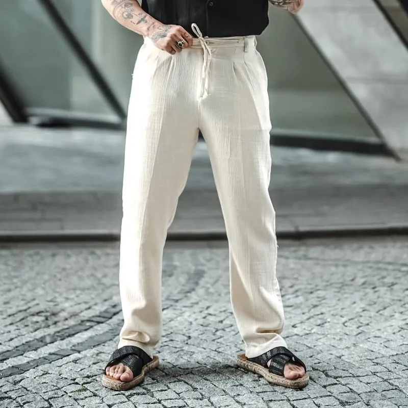 Men's Solid Cotton And Linen Mid Waist Straight Casual Pants MTA0115D4Z sold by Manly product image thumbnail 3