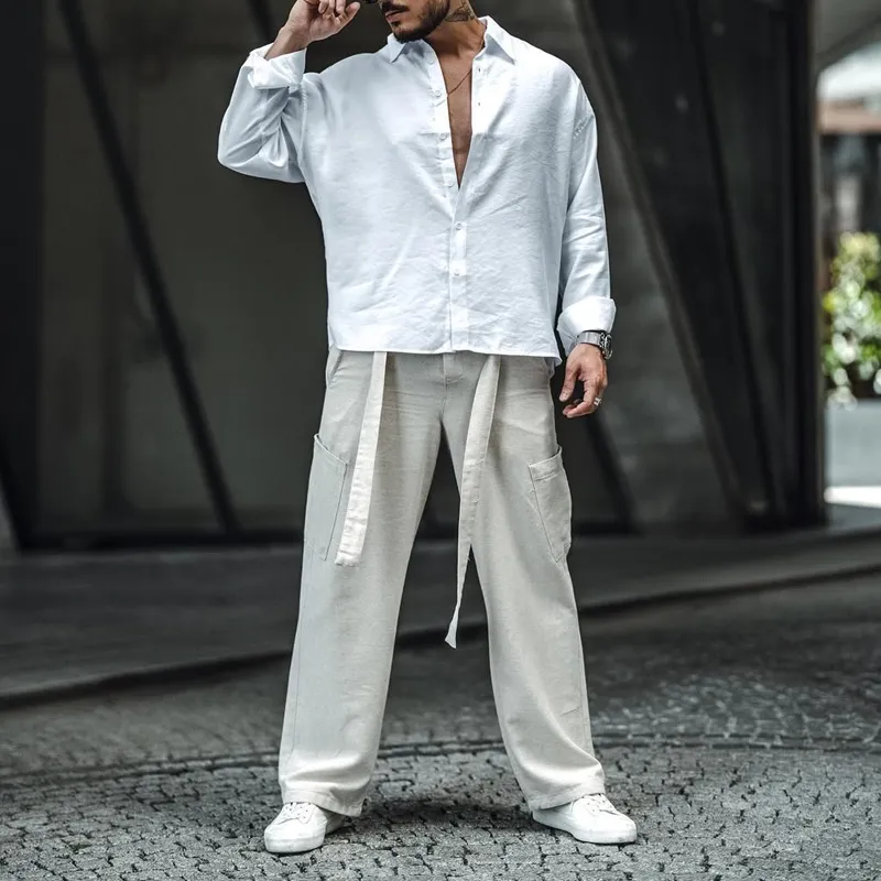 Men's Solid Cotton And Linen Mid Waist Straight Casual Pants MTA0179D8Z sold by Manly product image thumbnail 4