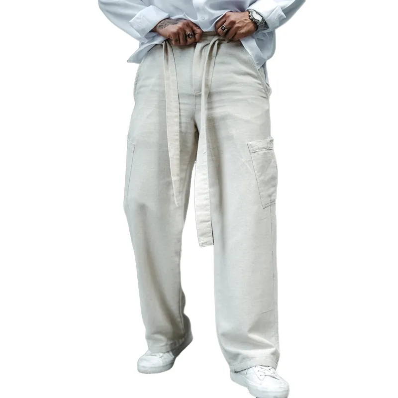 Men's Solid Cotton And Linen Mid Waist Straight Casual Pants MTA0179D8Z sold by Manly