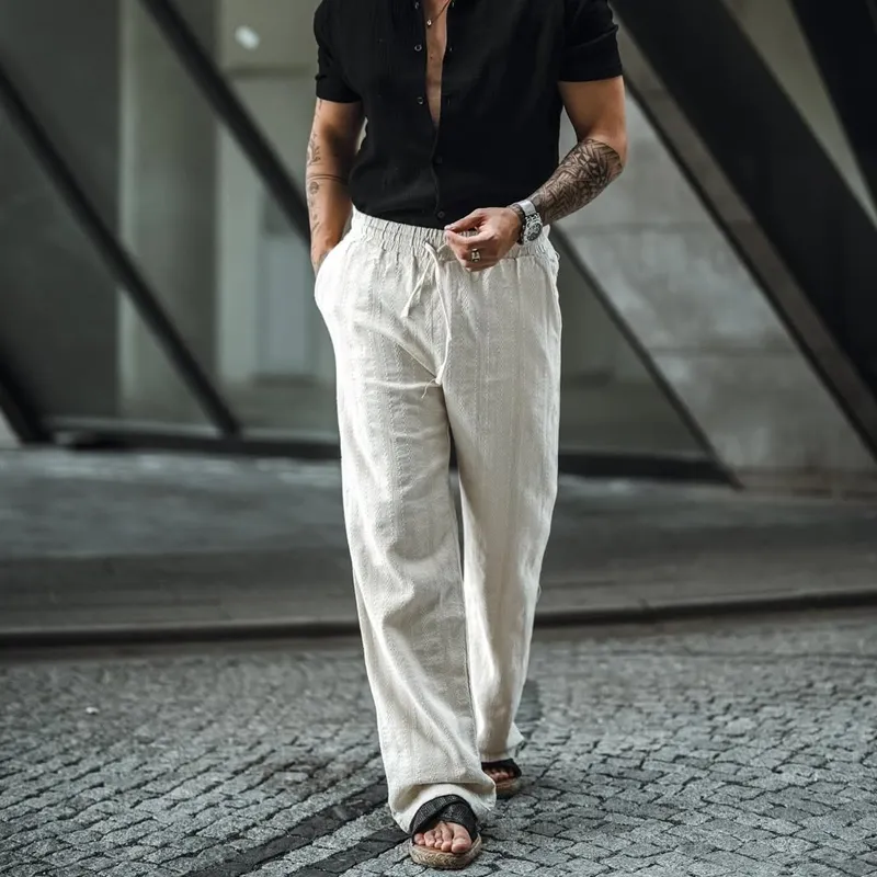 Men's Solid Cotton And Linen Mid Waist Straight Casual Pants MTA0192D1Z sold by Manly product image thumbnail 3