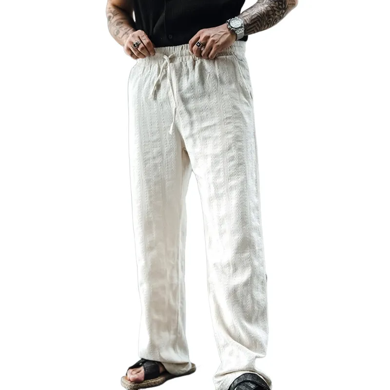 Men's Solid Cotton And Linen Mid Waist Straight Casual Pants MTA0192D1Z sold by Manly