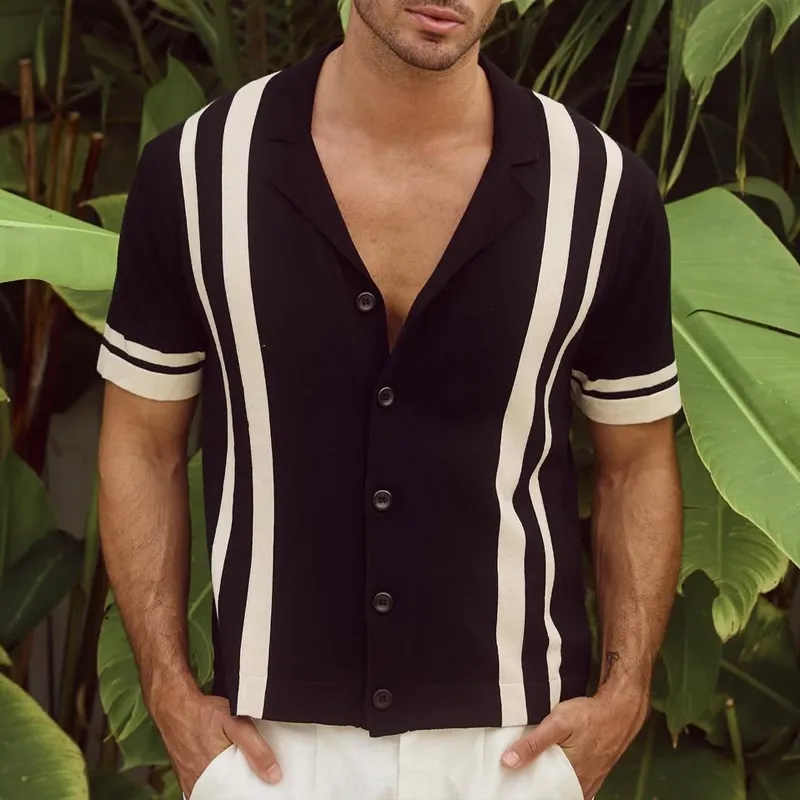 Men's Knit Striped Notch Lapel Single Breasted Short Sleeve Polo Shirt MTA0815D6Z sold by Manly product image thumbnail 2