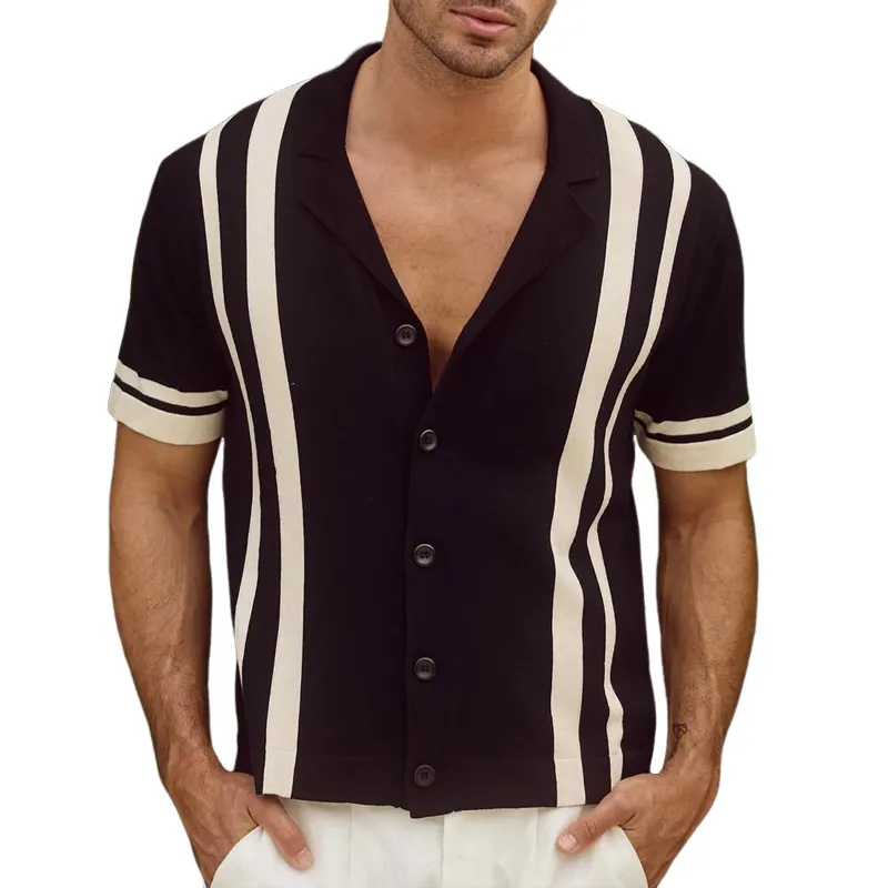 Men's Knit Striped Notch Lapel Single Breasted Short Sleeve Polo Shirt MTA0815D6Z sold by Manly