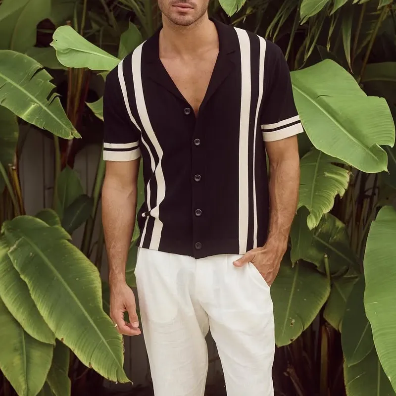 Men's Knit Striped Notch Lapel Single Breasted Short Sleeve Polo Shirt MTA0815D6Z sold by Manly product image thumbnail 3