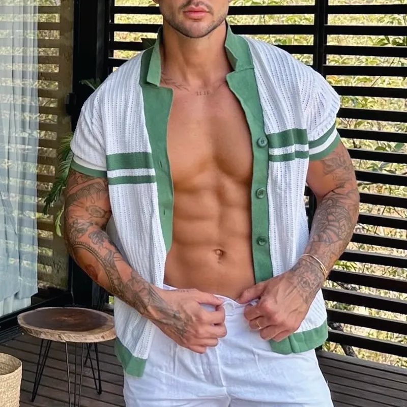 Men's Knit Striped Notch Lapel Single Breasted Short Sleeve Polo Shirt MTA0812D4Z sold by Manly product image thumbnail 4