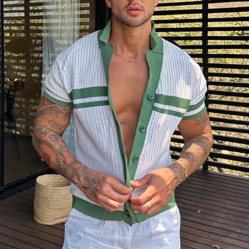 Men's Knit Striped Notch Lapel Single Breasted Short Sleeve Polo Shirt MTA0812D4Z sold by Manly product image thumbnail 3