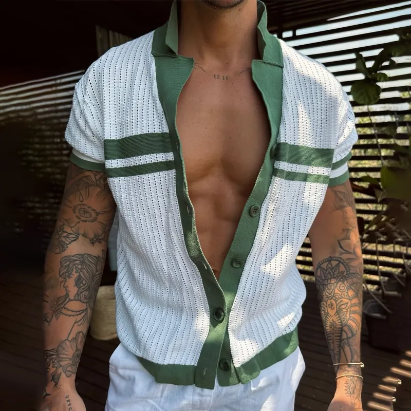 Men's Knit Striped Notch Lapel Single Breasted Short Sleeve Polo Shirt MTA0812D4Z sold by Manly product image thumbnail 2