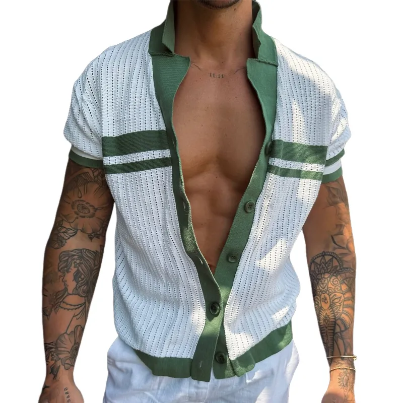 Men's Knit Striped Notch Lapel Single Breasted Short Sleeve Polo Shirt MTA0812D4Z sold by Manly