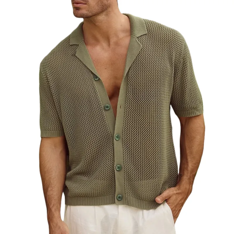 Men's Knit Solid Hollow Notch Lapel Single Breasted Short Sleeve Polo Shirt MTA0884D7Z sold by Manly