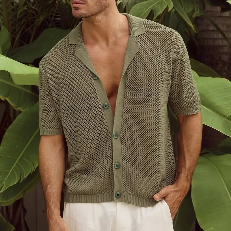 Men's Knit Solid Hollow Notch Lapel Single Breasted Short Sleeve Polo Shirt MTA0884D7Z sold by Manly product image thumbnail 2