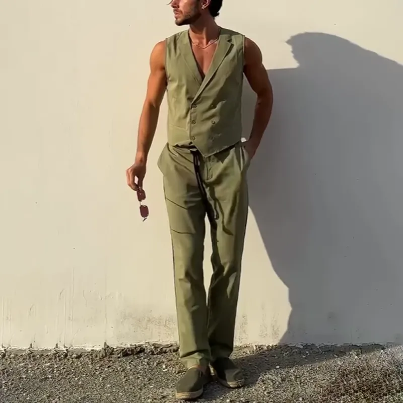 Men's Solid Notch Lapel Double Breasted Vest Trousers Casual Set MTA0872D5Z sold by Manly product image thumbnail 3