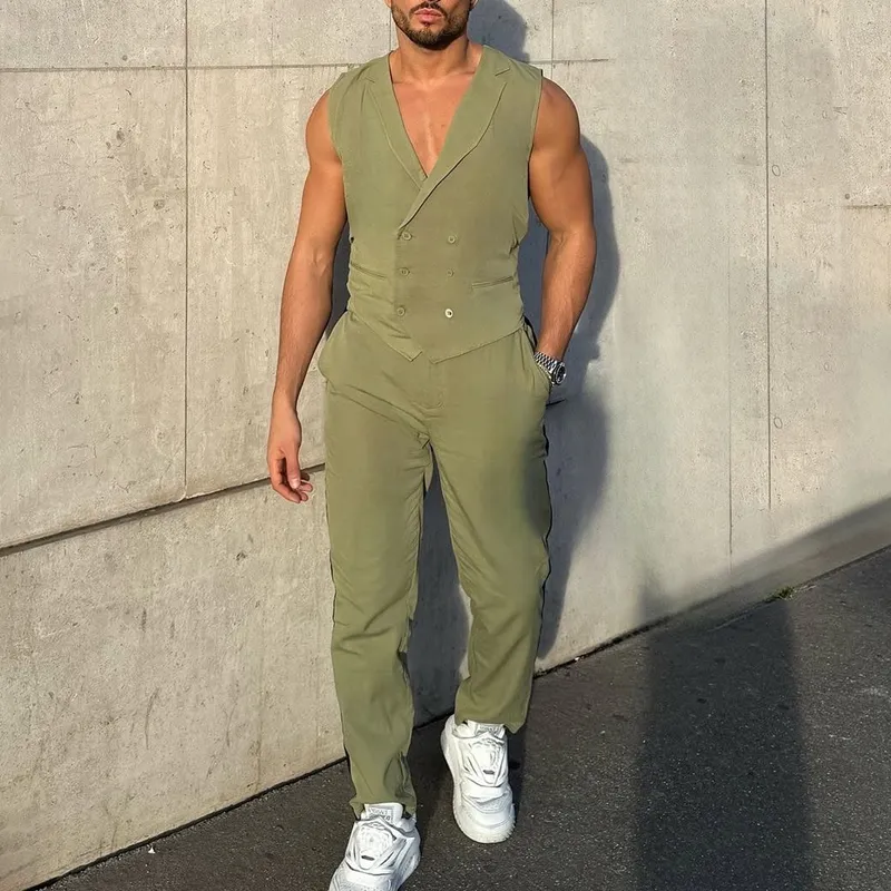 Men's Solid Notch Lapel Double Breasted Vest Trousers Casual Set MTA0872D5Z sold by Manly product image thumbnail 2