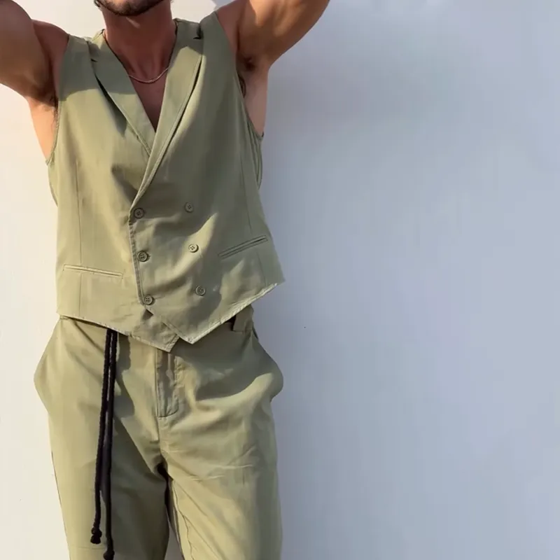 Men's Solid Notch Lapel Double Breasted Vest Trousers Casual Set MTA0872D5Z sold by Manly product image thumbnail 4