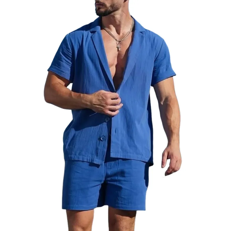 Men's Solid Notch Lapel Short Sleeve Shirt Shorts Casual Set MTA0800D7Z sold by Manly