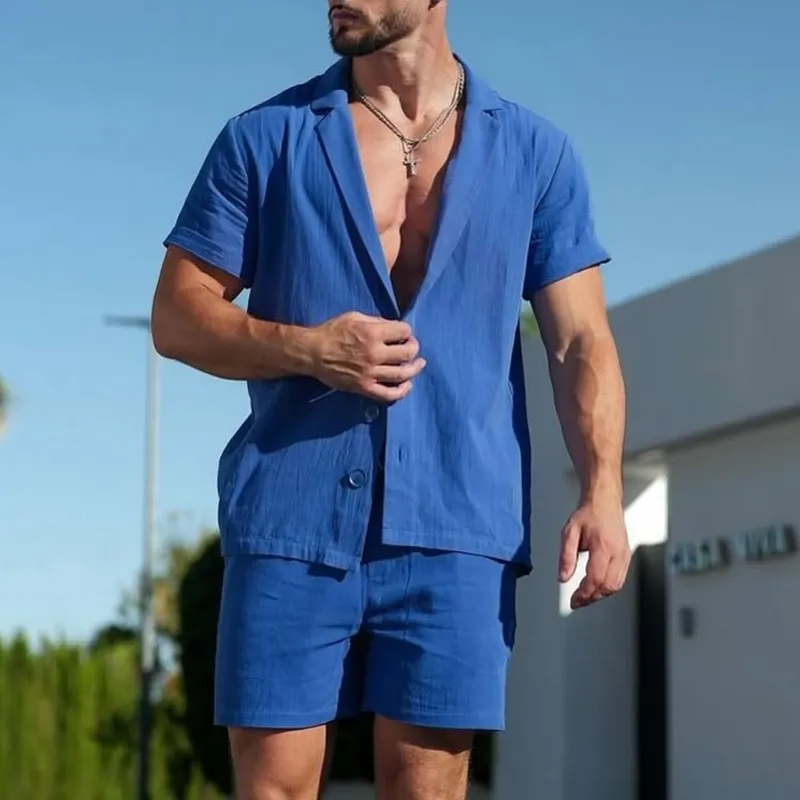 Men's Solid Notch Lapel Short Sleeve Shirt Shorts Casual Set MTA0800D7Z sold by Manly product image thumbnail 2