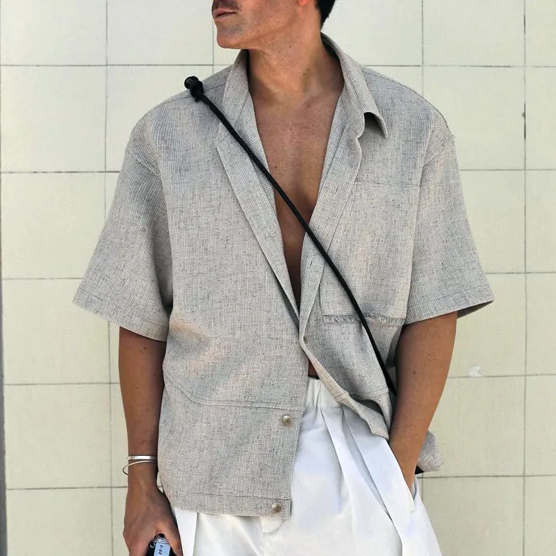 Men's Solid Lapel Single Breasted Short Sleeve Shirt MTA0156D3Z sold by Manly product image thumbnail 2