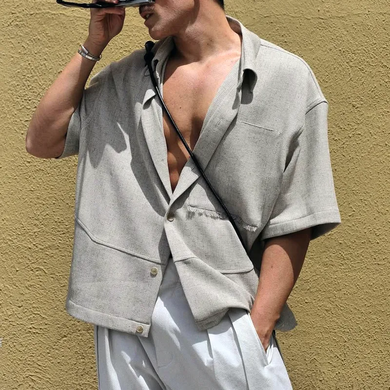 Men's Solid Lapel Single Breasted Short Sleeve Shirt MTA0156D3Z sold by Manly product image thumbnail 3