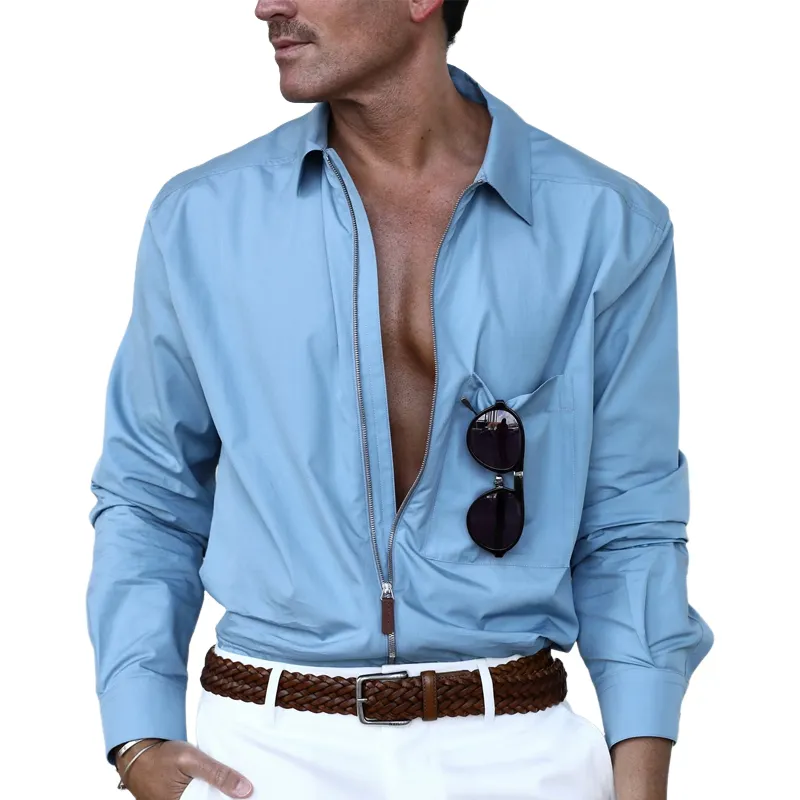 Men's Solid Lapel Zipper Placket Pocket Long Sleeve Shirt MTA0152D1Z sold by Manly