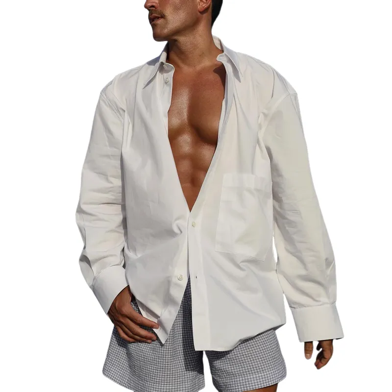 Men's Solid Lapel Waist Pocket Long Sleeve Shirt MTA0116D8Z sold by Manly