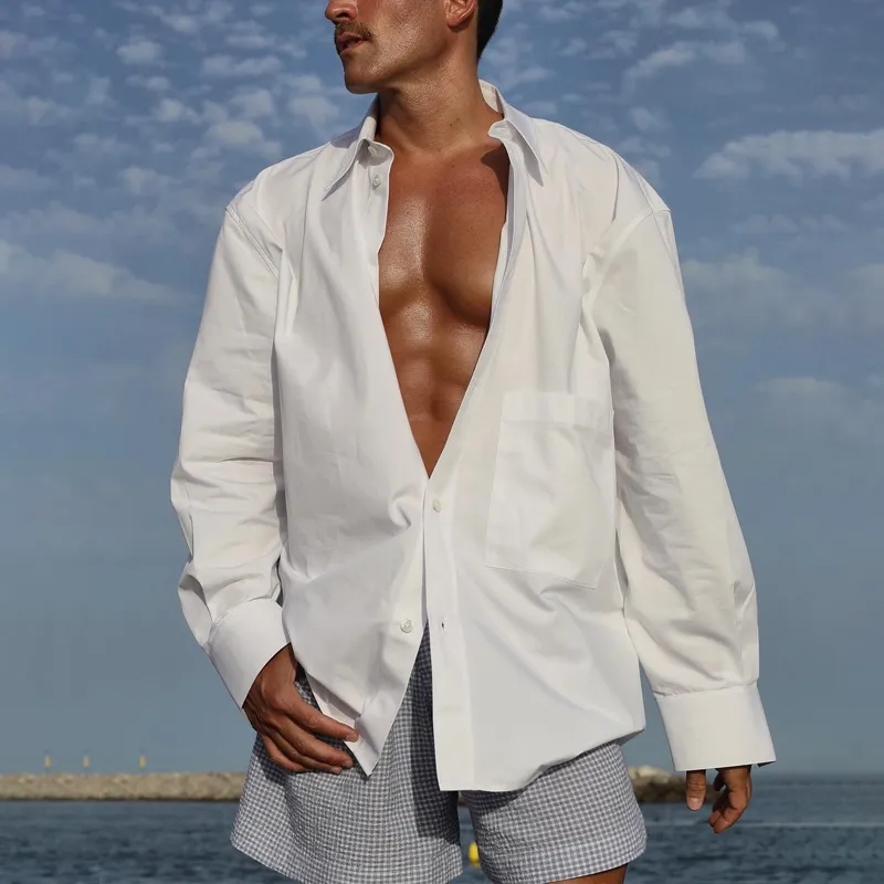 Men's Solid Lapel Waist Pocket Long Sleeve Shirt MTA0116D8Z sold by Manly product image thumbnail 3