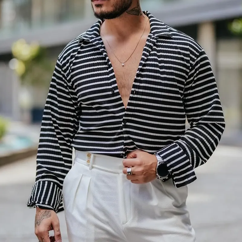 Men's Fashion Striped Lapel Long Sleeve Shirt MTA0138D3Z sold by Manly product image thumbnail 2