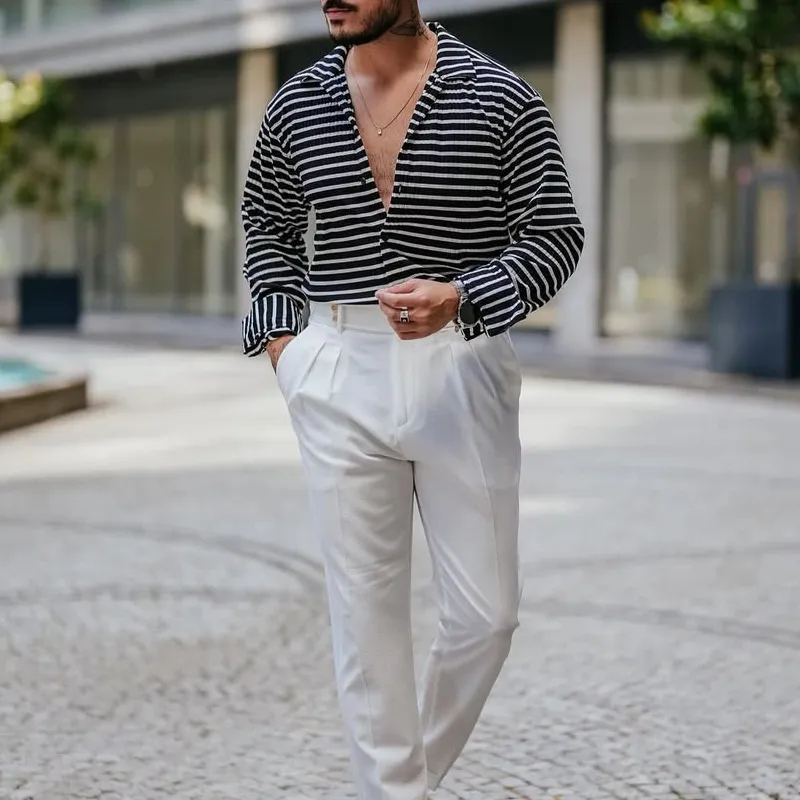 Men's Fashion Striped Lapel Long Sleeve Shirt MTA0138D3Z sold by Manly product image thumbnail 3