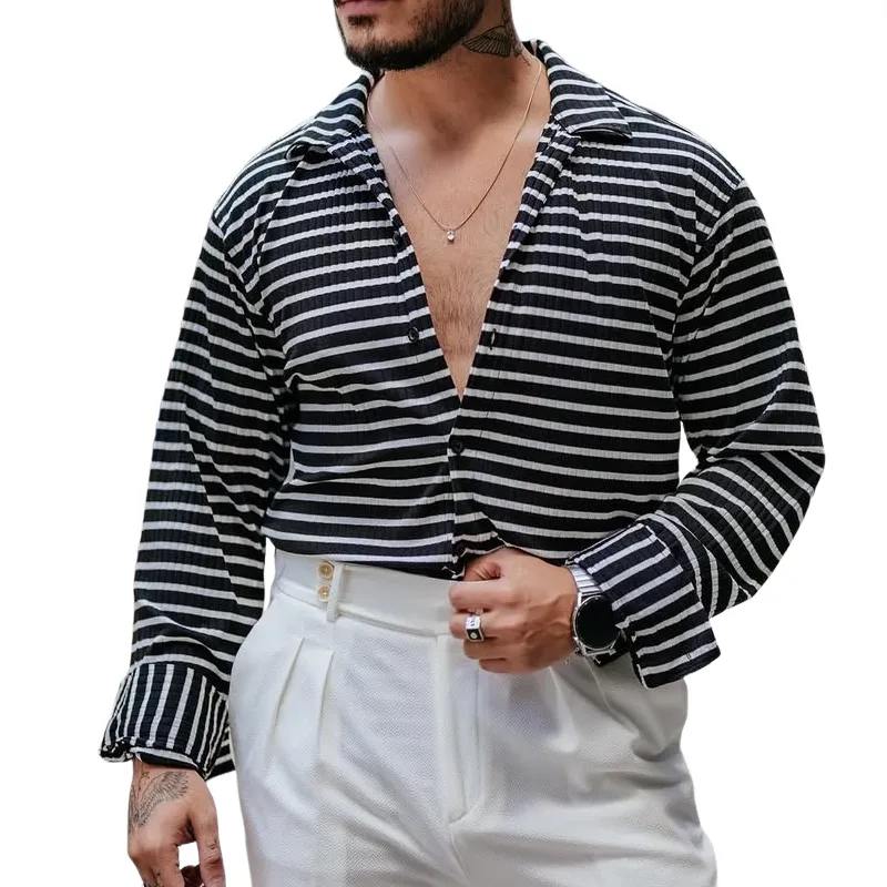 Men's Fashion Striped Lapel Long Sleeve Shirt MTA0138D3Z sold by Manly