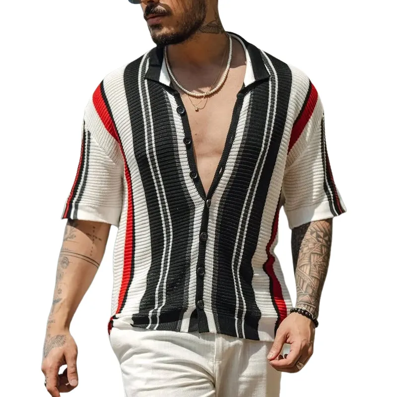 Men's Knit Striped Lapel Lapel Short Sleeve Polo Shirt MTA0156D2Z sold by Manly