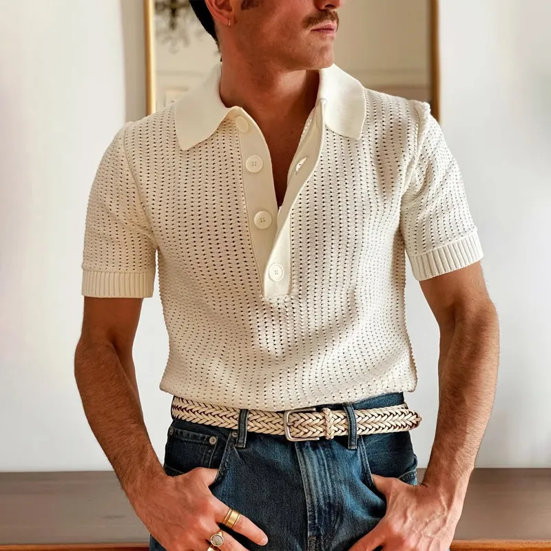 Men's Knit Hollow Lapel Lapel Short Sleeve Polo Shirt MTA0113D5Z sold by Manly product image thumbnail 2